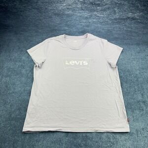 Levis Womens XL Graphic Tee Lavender Purple Metallic Silver Batwing Logo Shirt